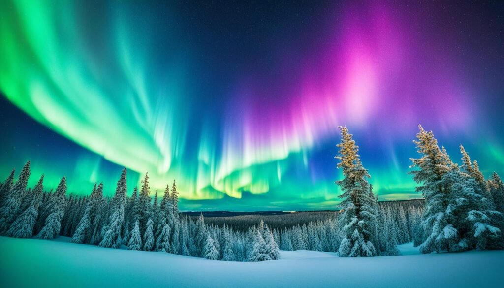 Northern Lights over a snowy landscape